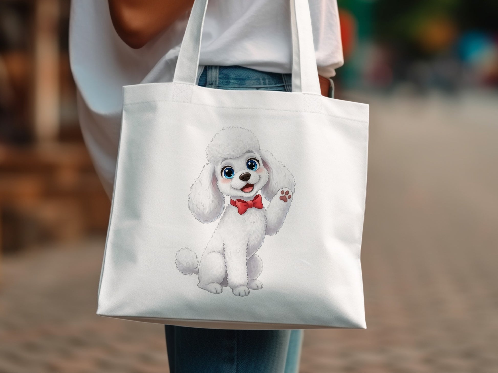 Cute Poodle Tote Bag, White Canvas Bag with Dog Print, Large Shoulder Bag, Dog Lover Gift, Unique Pet Accessory