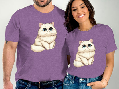 Cute Chubby White Cat Printed Purple Shirt