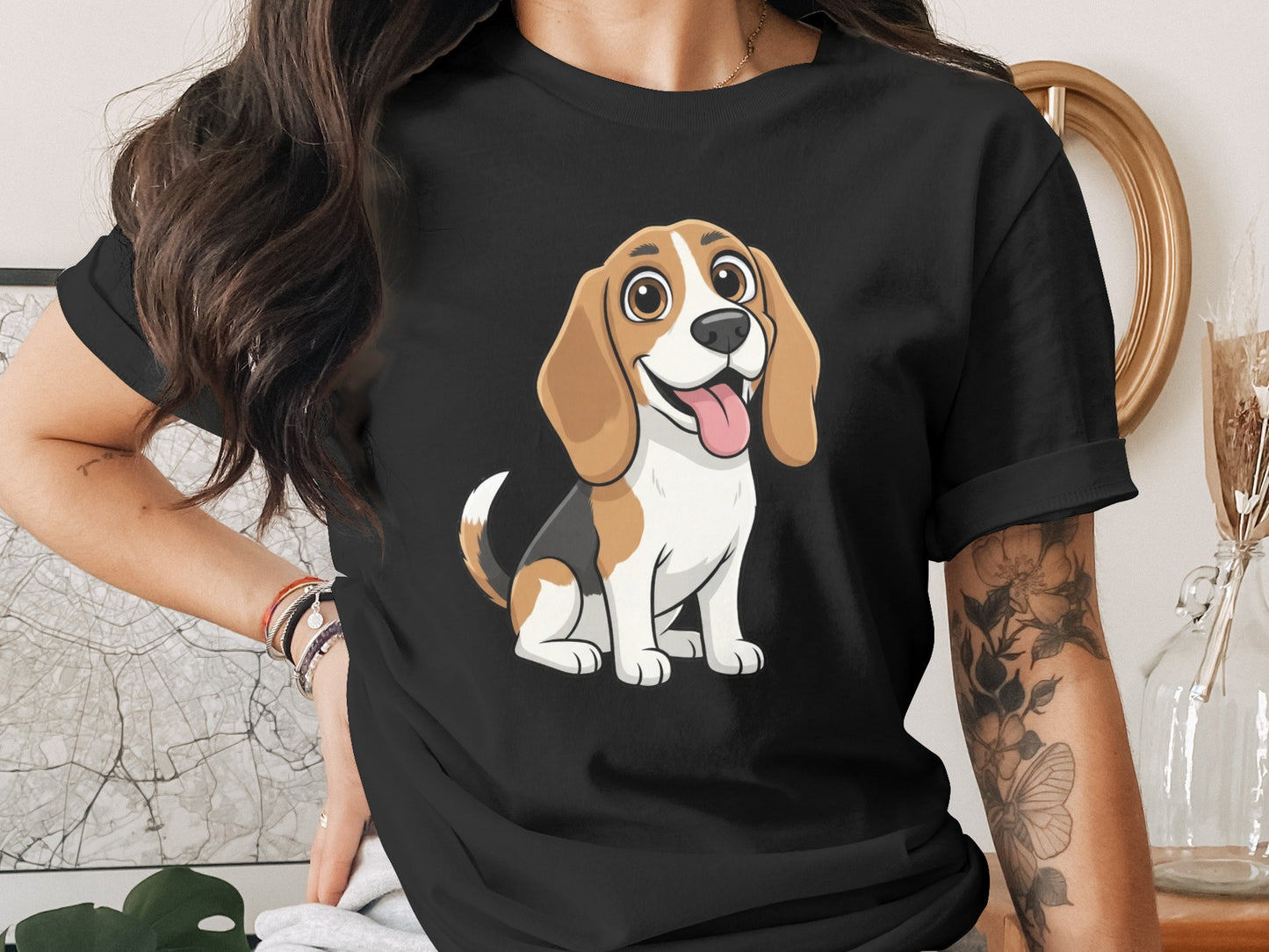Cute Beagle Dog Graphic Print Black T-Shirt