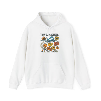 Travel Madness Hoodie — Graphic Travel Icons & Passport Stamps Sweatshirt