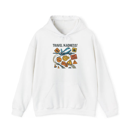 Travel Madness Hoodie — Graphic Travel Icons & Passport Stamps Sweatshirt