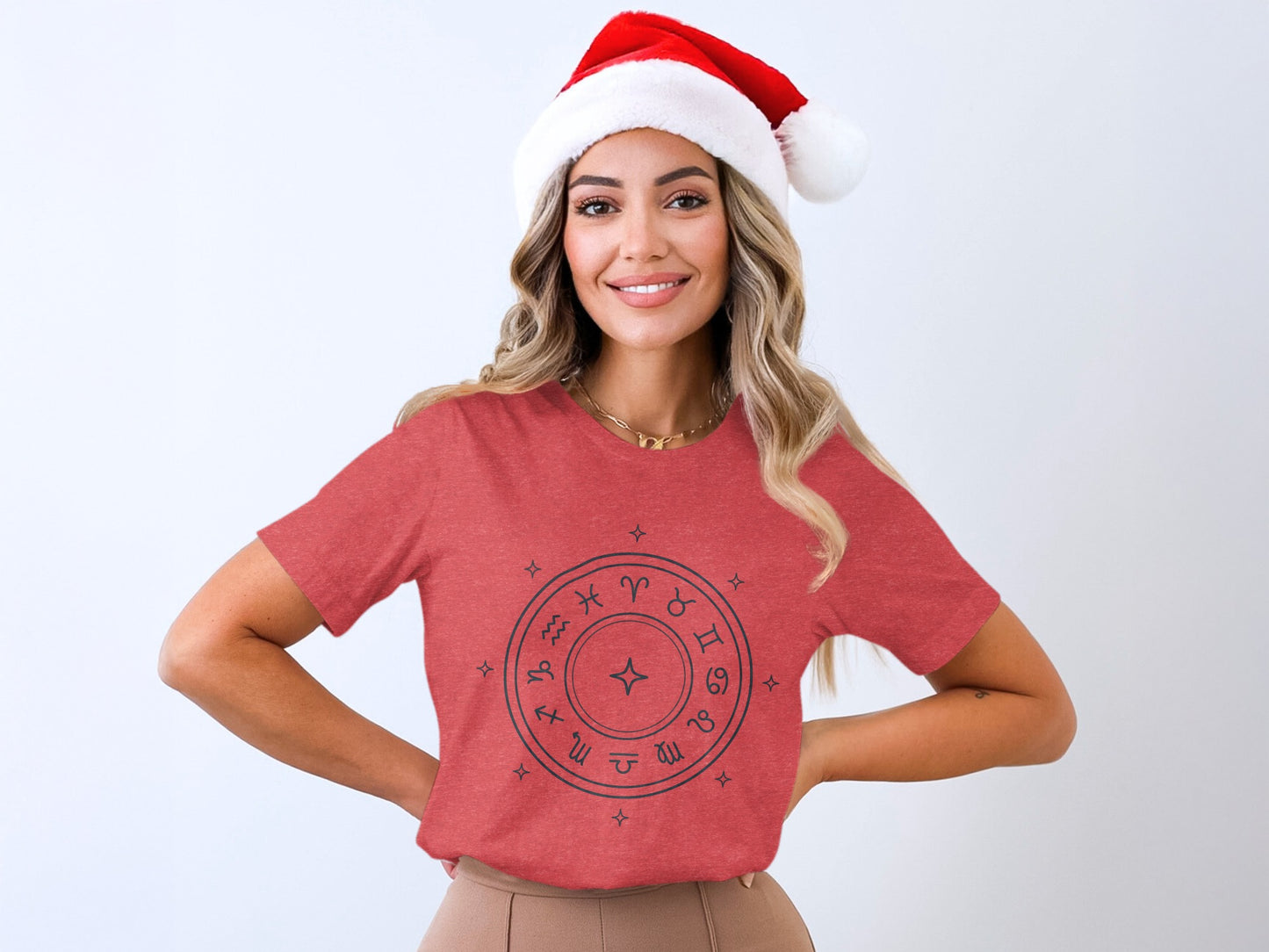 Festive Zodiac Sign Print Red Christmas Shirt