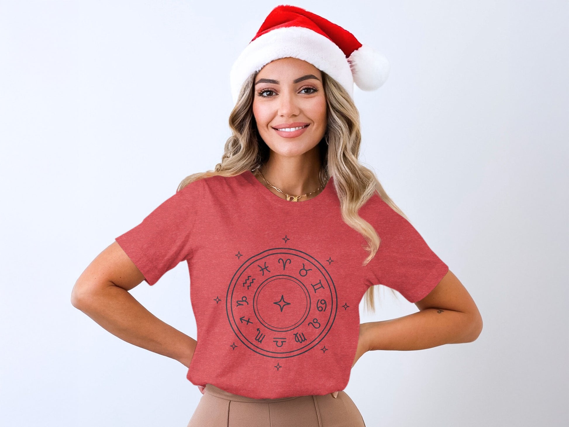 Festive Zodiac Sign Print Red Christmas Shirt