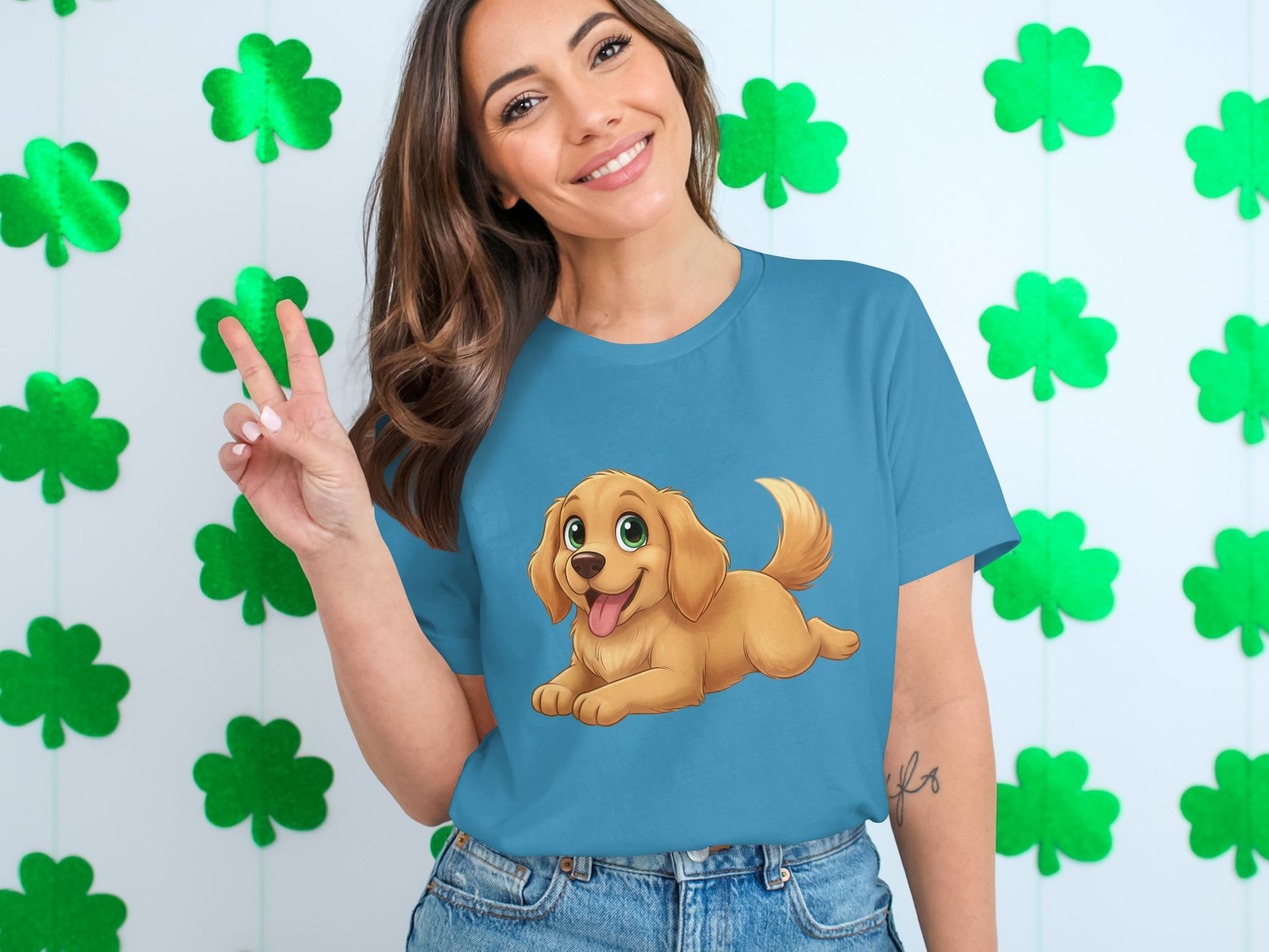 Cute Cartoon Golden Pup on Blue Women Shirt