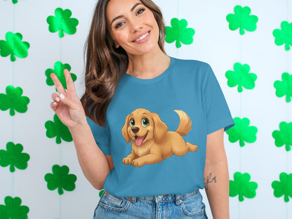 Cute Cartoon Golden Pup on Blue Women Shirt