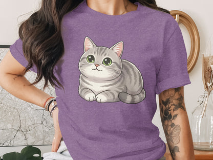 Adorable Cartoon Grey Cat on Purple T-shirt