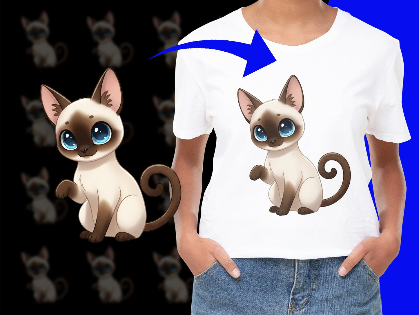 Cute Siamese Cat T-Shirt, Adorable Cartoon Kitten Graphic Tee, Soft Cotton Kids and Adults Casual Top