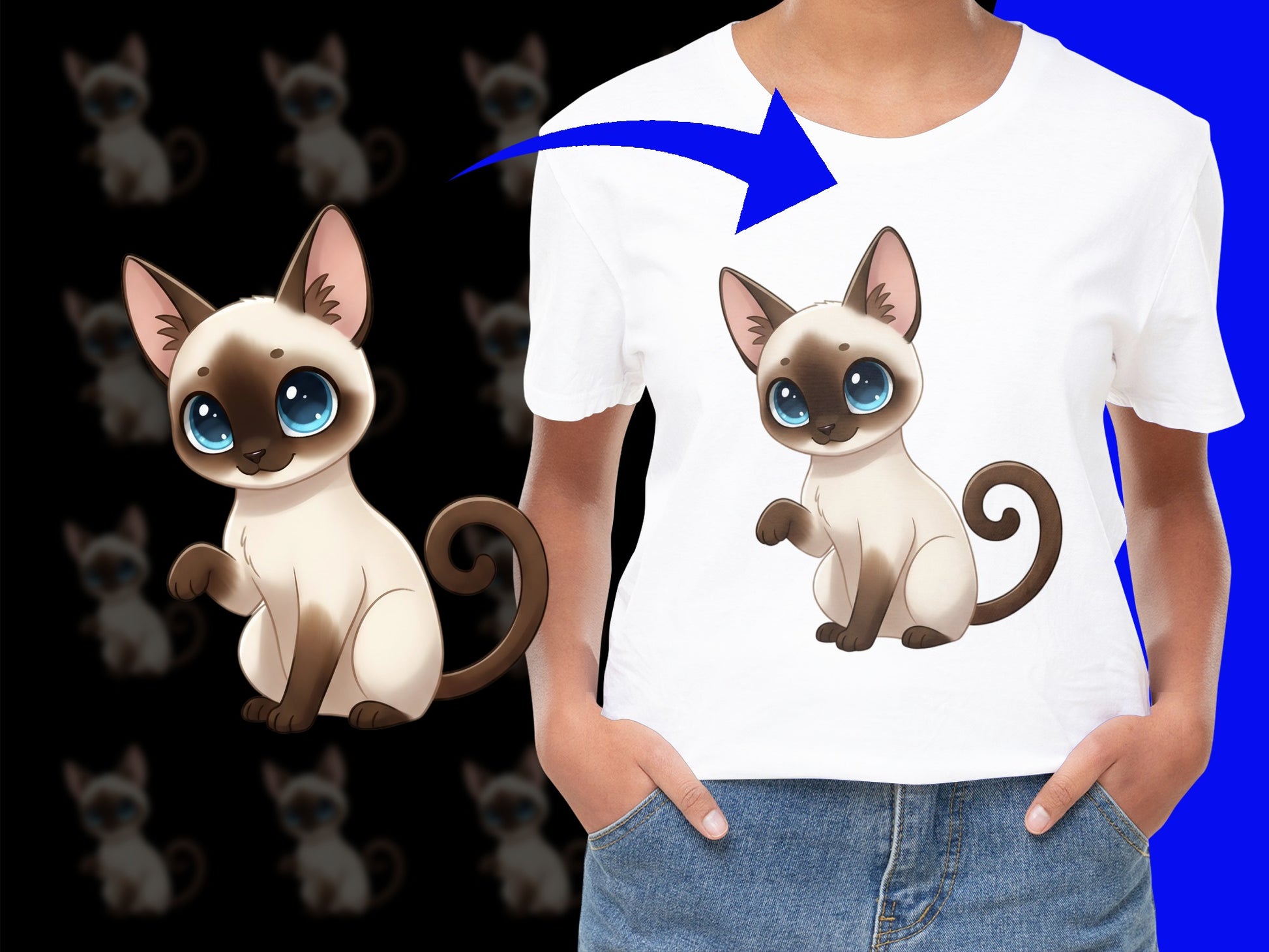 Cute Siamese Cat T-Shirt, Adorable Cartoon Kitten Graphic Tee, Soft Cotton Kids and Adults Casual Top