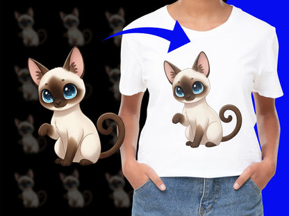 Cute Siamese Cat T-Shirt, Adorable Cartoon Kitten Graphic Tee, Soft Cotton Kids and Adults Casual Top