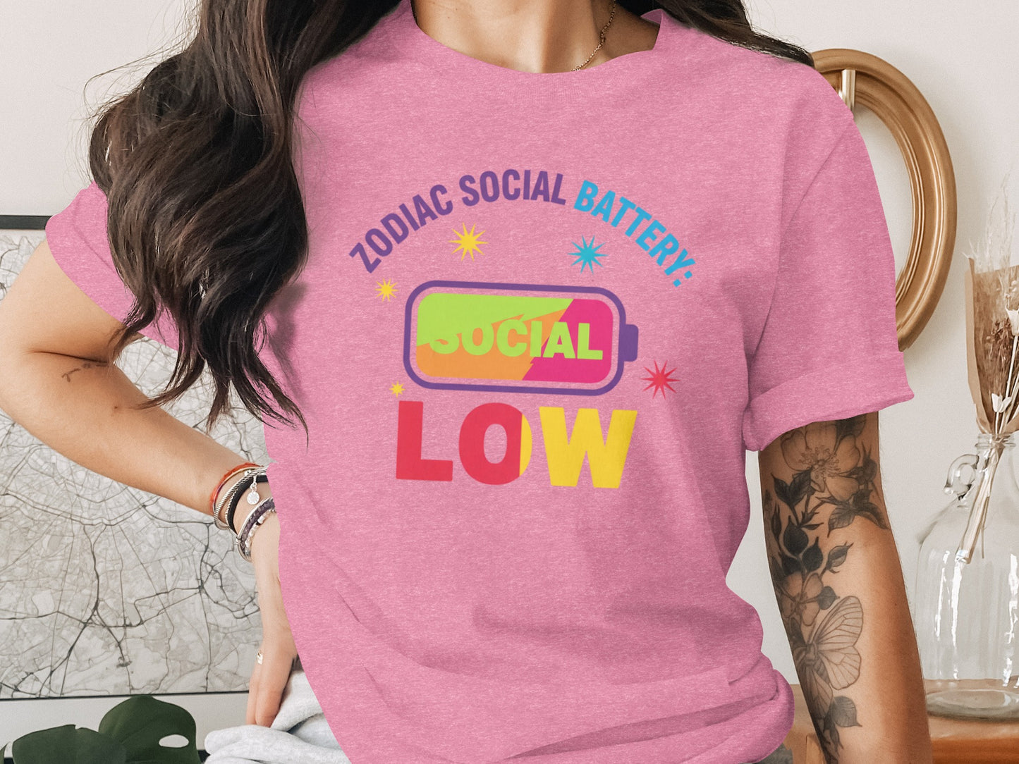 Zodiac Social Battery Design with Colorful Text T-Shirt