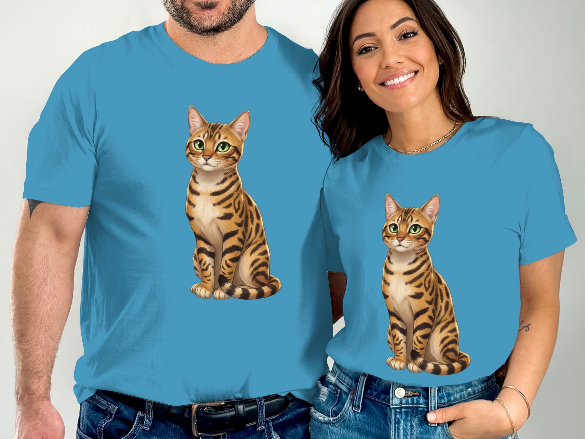 Blue T-shirt Featuring Bengal Cat for Matching Outfits