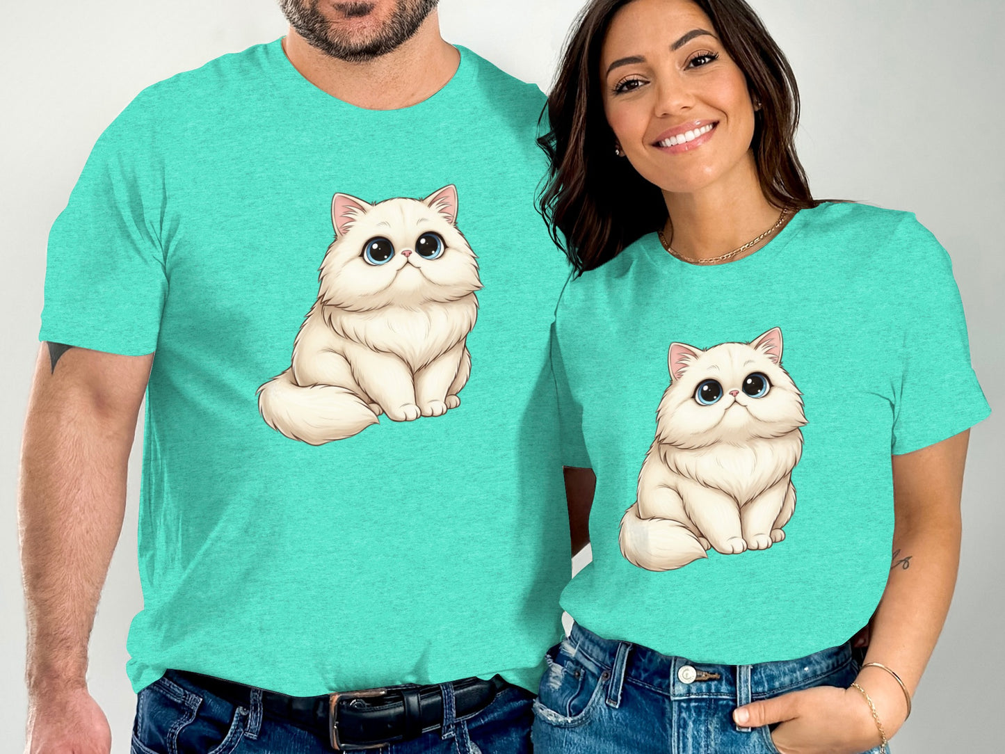 Cute Fluffy Cat Graphic Teal T-Shirt Set for Couples