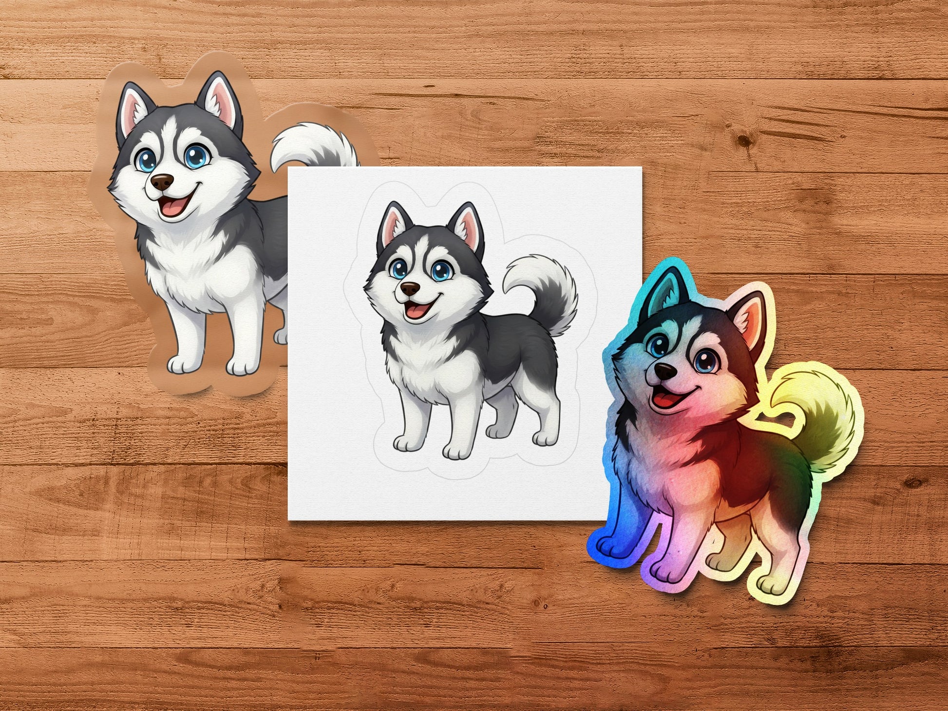 Colorful Husky Dog Stickers, Cute Cartoon Siberian Husky Decals, Rainbow Tail, Pet Lover Gift, Laptop and Car Decoration, Pack of 3