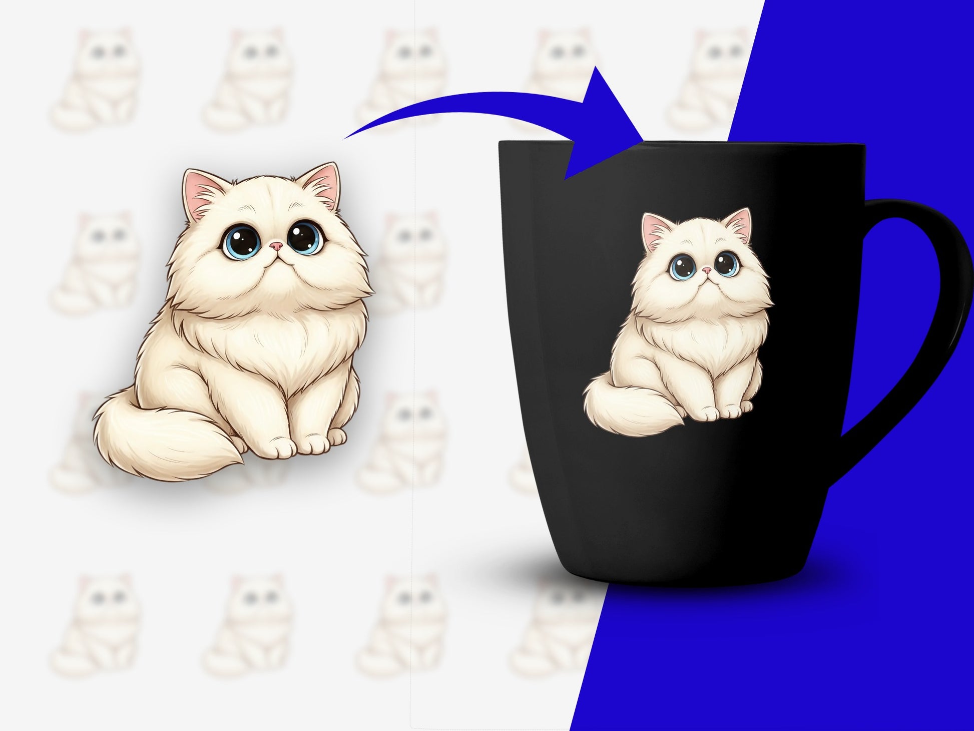 Cute Cat Mug, Fluffy White Cat Illustration, Coffee Cup, Perfect Gift for Cat Lovers, Large Ceramic Mug, Cat Themed Kitchen Decor