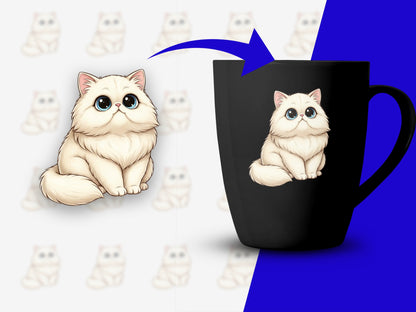 Cute Cat Mug, Fluffy White Cat Illustration, Coffee Cup, Perfect Gift for Cat Lovers, Large Ceramic Mug, Cat Themed Kitchen Decor