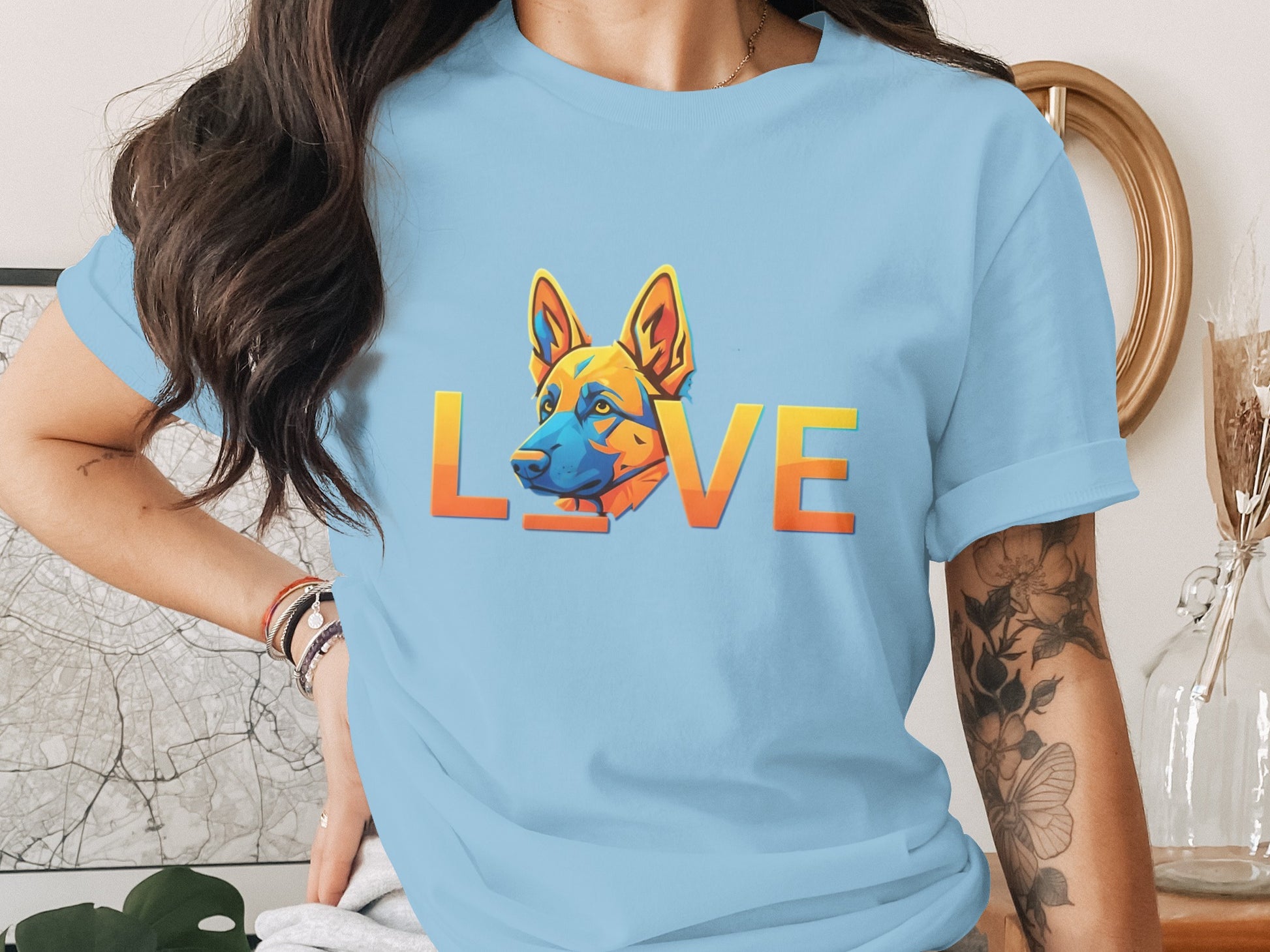 Colorful Dog Love Design on Blue T-Shirt product