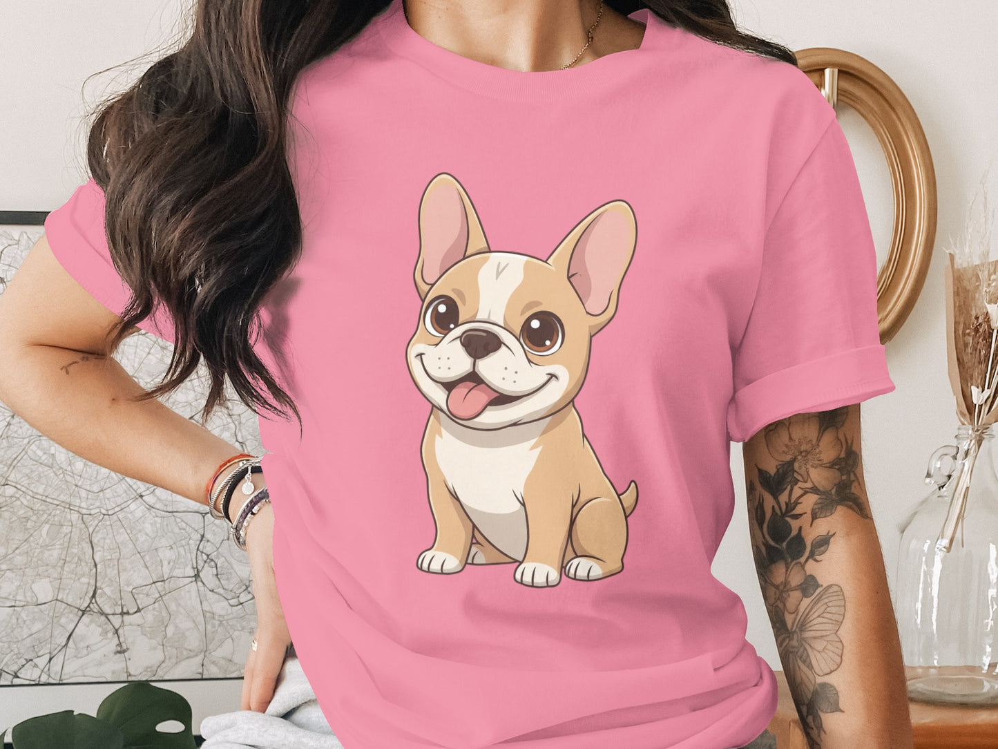 Pink T-Shirt Featuring Cute Cartoon French Bulldog Design