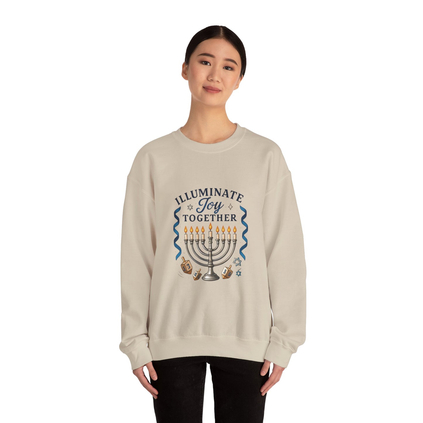 Hanukkah Sweatshirt - "Illuminate Joy Together" Menorah & Dreidel Holiday Crewneck