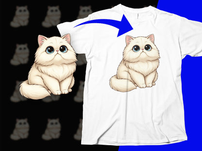 Cute Cartoon Cat T-Shirt, Adorable Fluffy Kitten Graphic Tee, Unisex White Shirt, Cat Lover Gift, Casual Wear