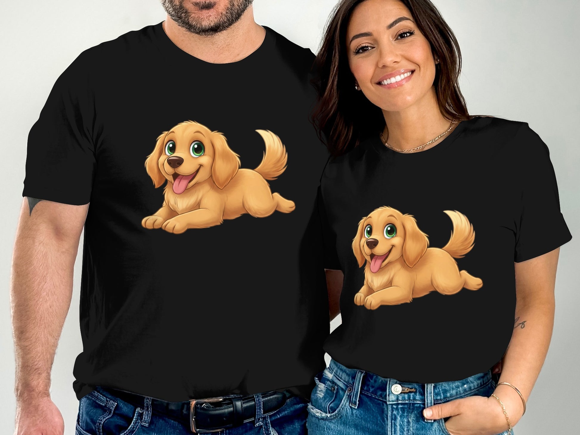 Adorable Cartoon Puppy Design Matching Couple Shirts