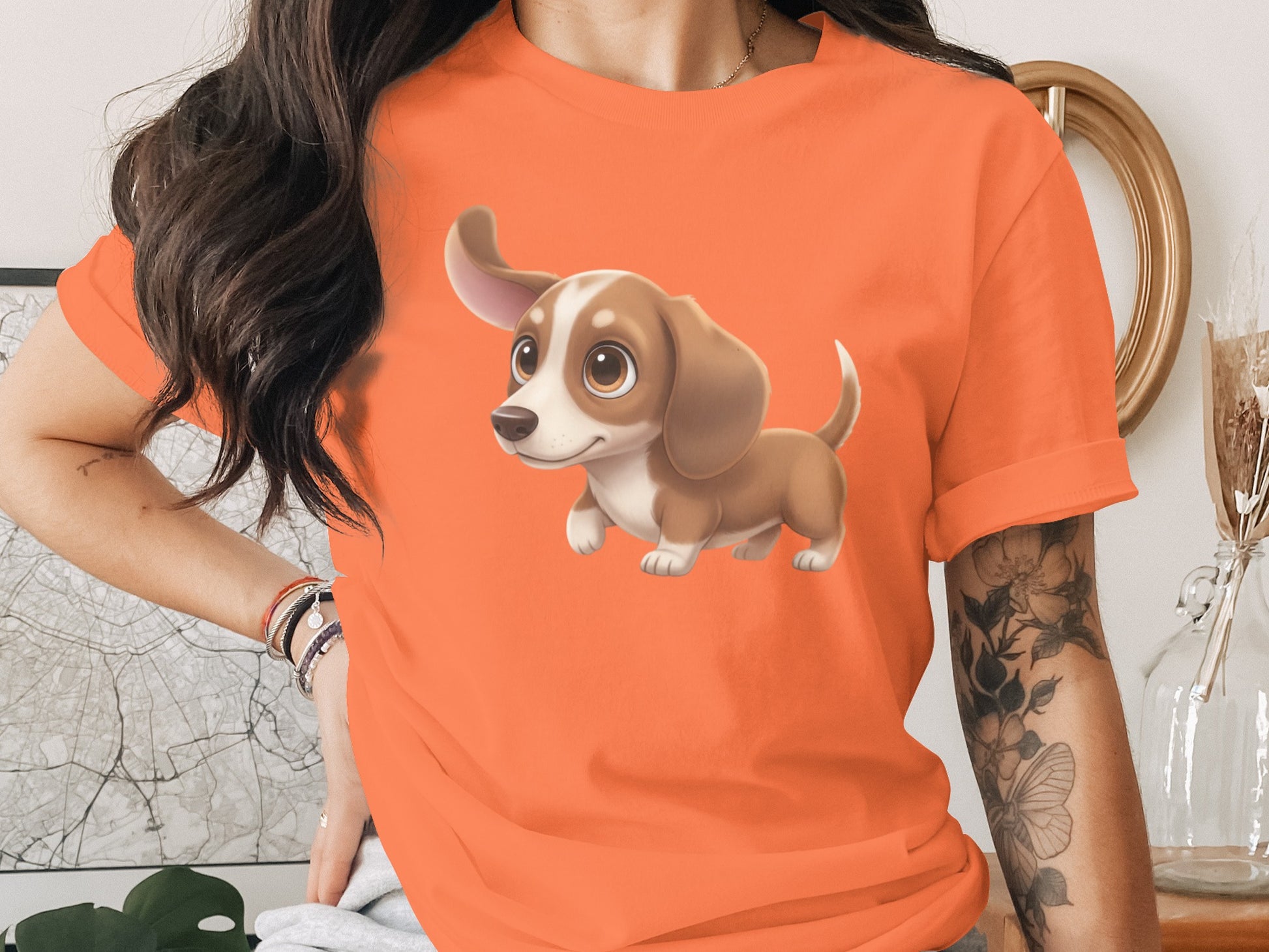 Cute Cartoon Dachshund Puppy on Orange Shirt Product
