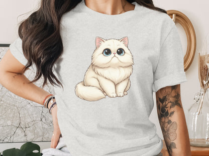 Cute Fluffy Cartoon White Cat Illustration T-Shirt