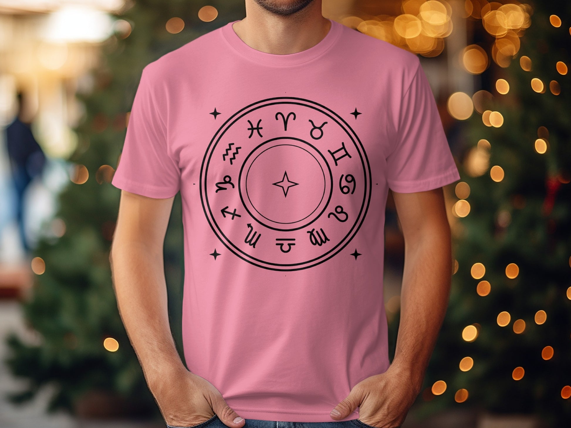 Pink T-shirt with Zodiac Signs and Symbols Design