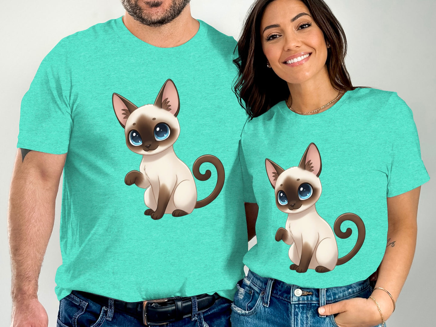 Cute Cartoon Siamese Cat Teal Shirt Matching Outfits