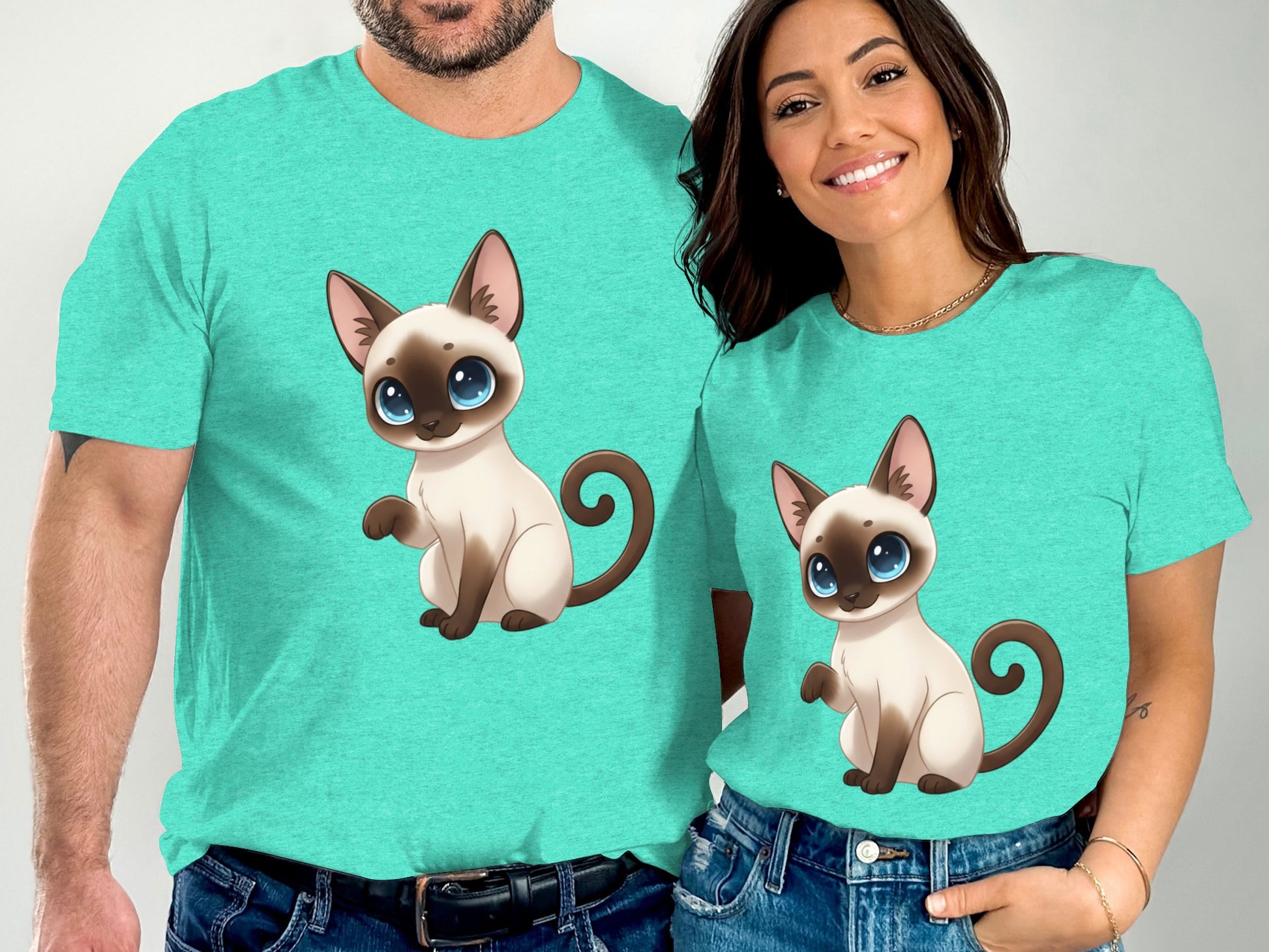 Cute Cartoon Siamese Cat Teal Shirt Matching Outfits