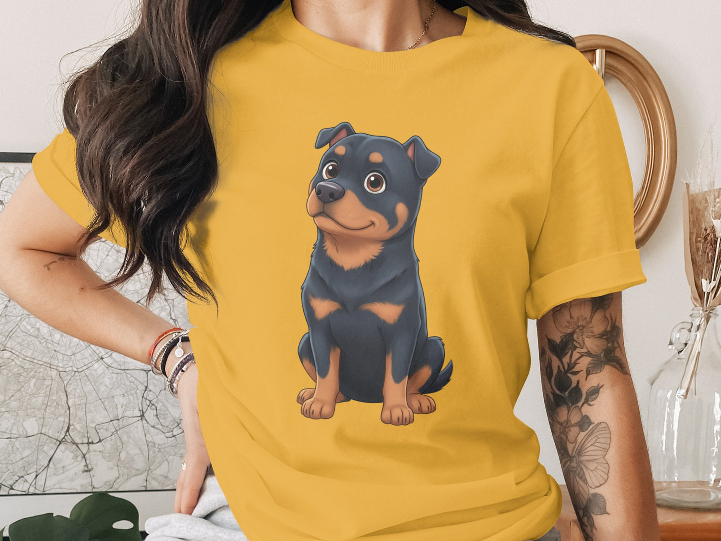 Cute Cartoon Rottweiler Dog Print on Yellow Shirt