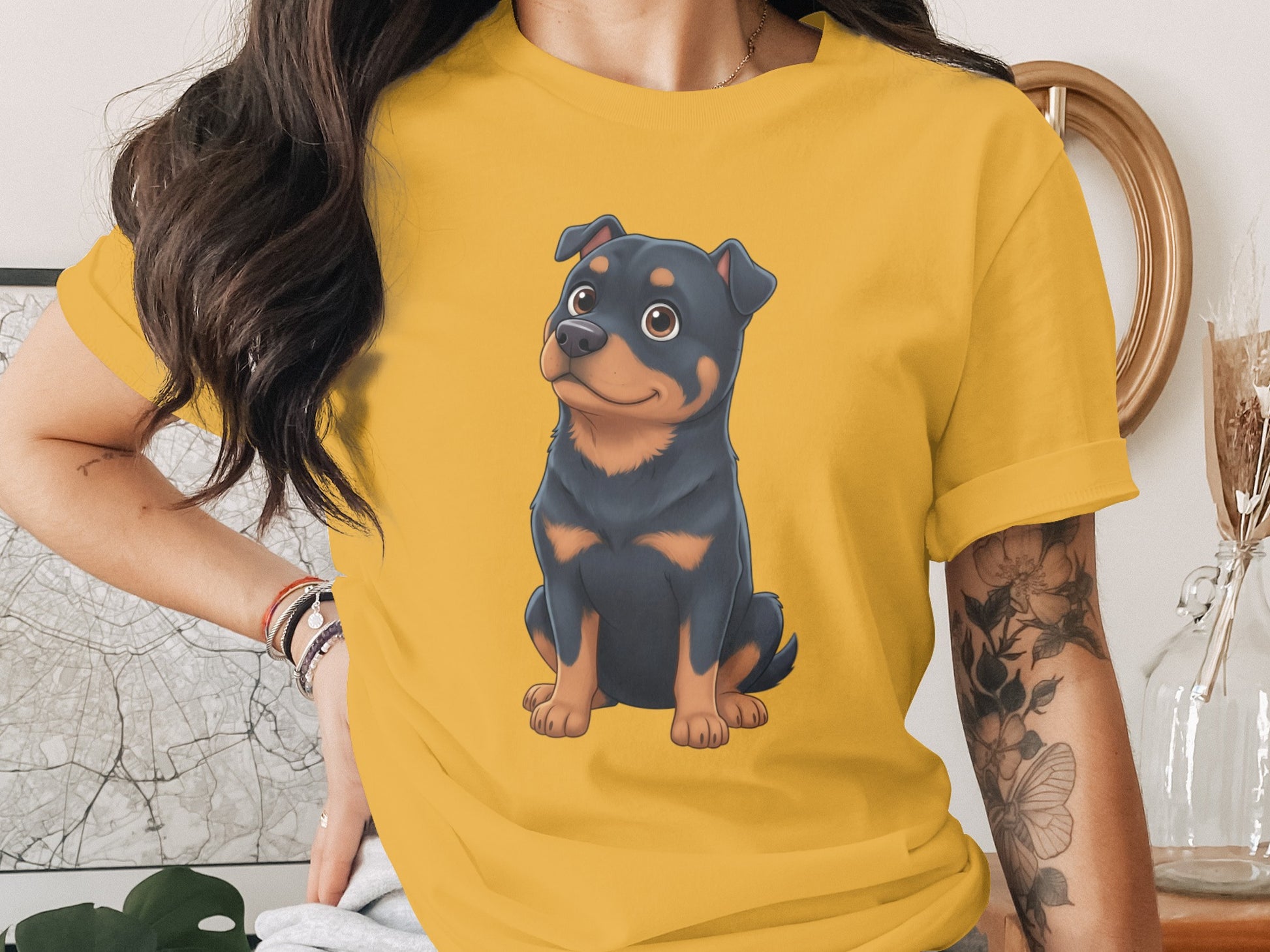Cute Cartoon Rottweiler Dog Print on Yellow Shirt