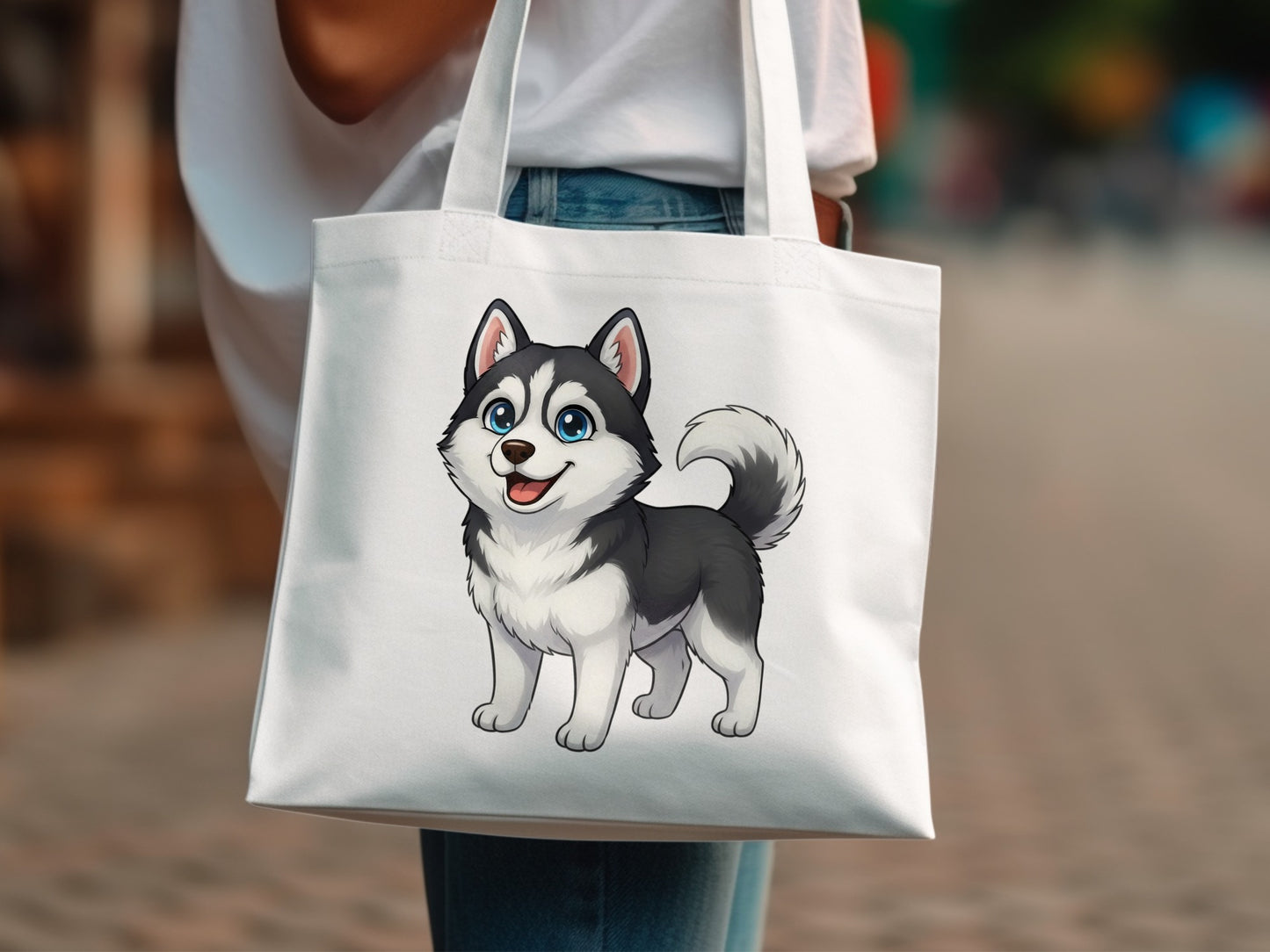 Cute Husky Puppy Tote Bag, Cartoon Dog Print, Large Canvas Shoulder Bag, Stylish Animal Design, Gift for Dog Lovers