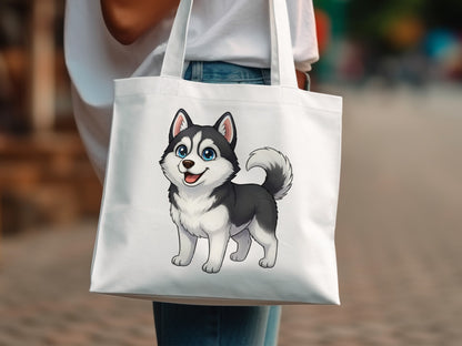 Cute Husky Puppy Tote Bag, Cartoon Dog Print, Large Canvas Shoulder Bag, Stylish Animal Design, Gift for Dog Lovers