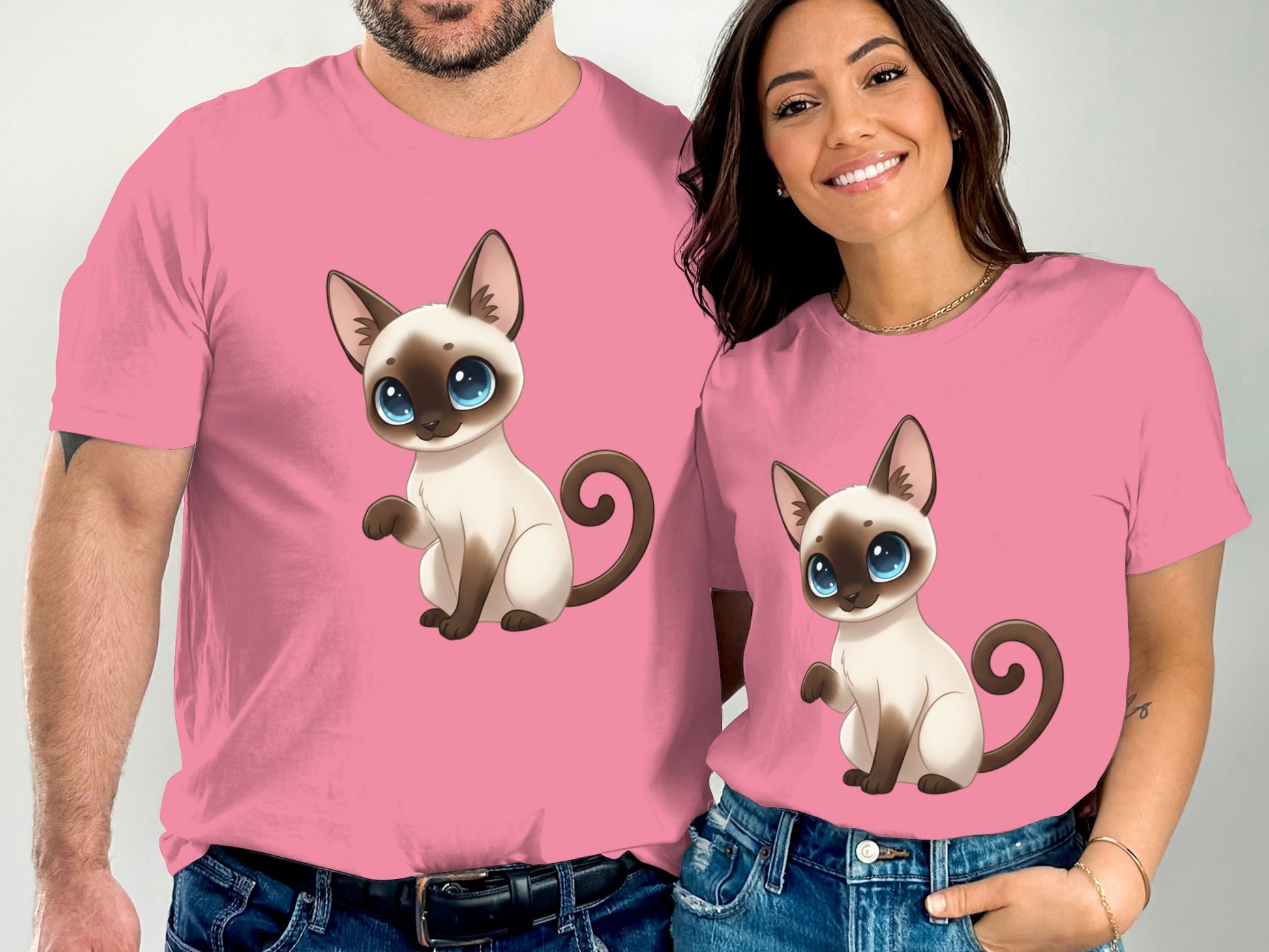 Cute Cartoon Siamese Cat Graphic Pink T-Shirt