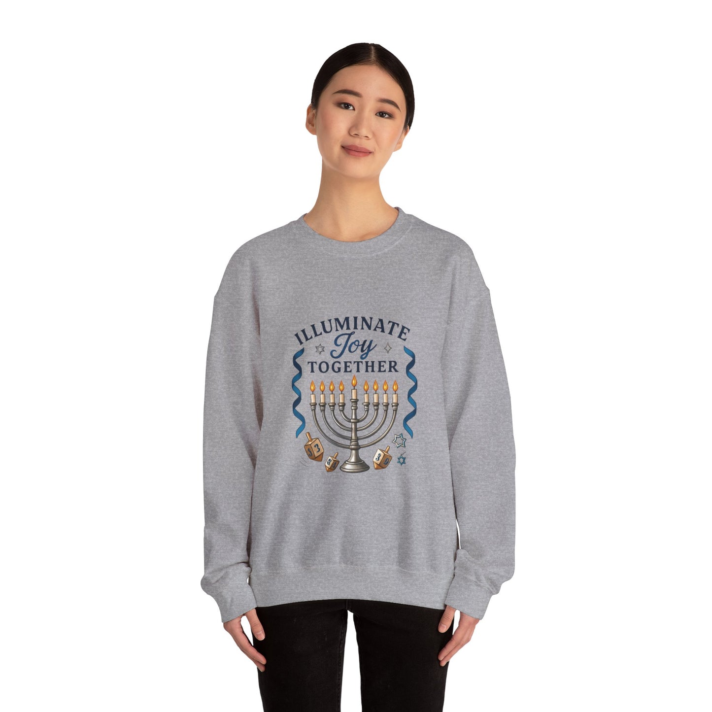Hanukkah Sweatshirt - "Illuminate Joy Together" Menorah & Dreidel Holiday Crewneck