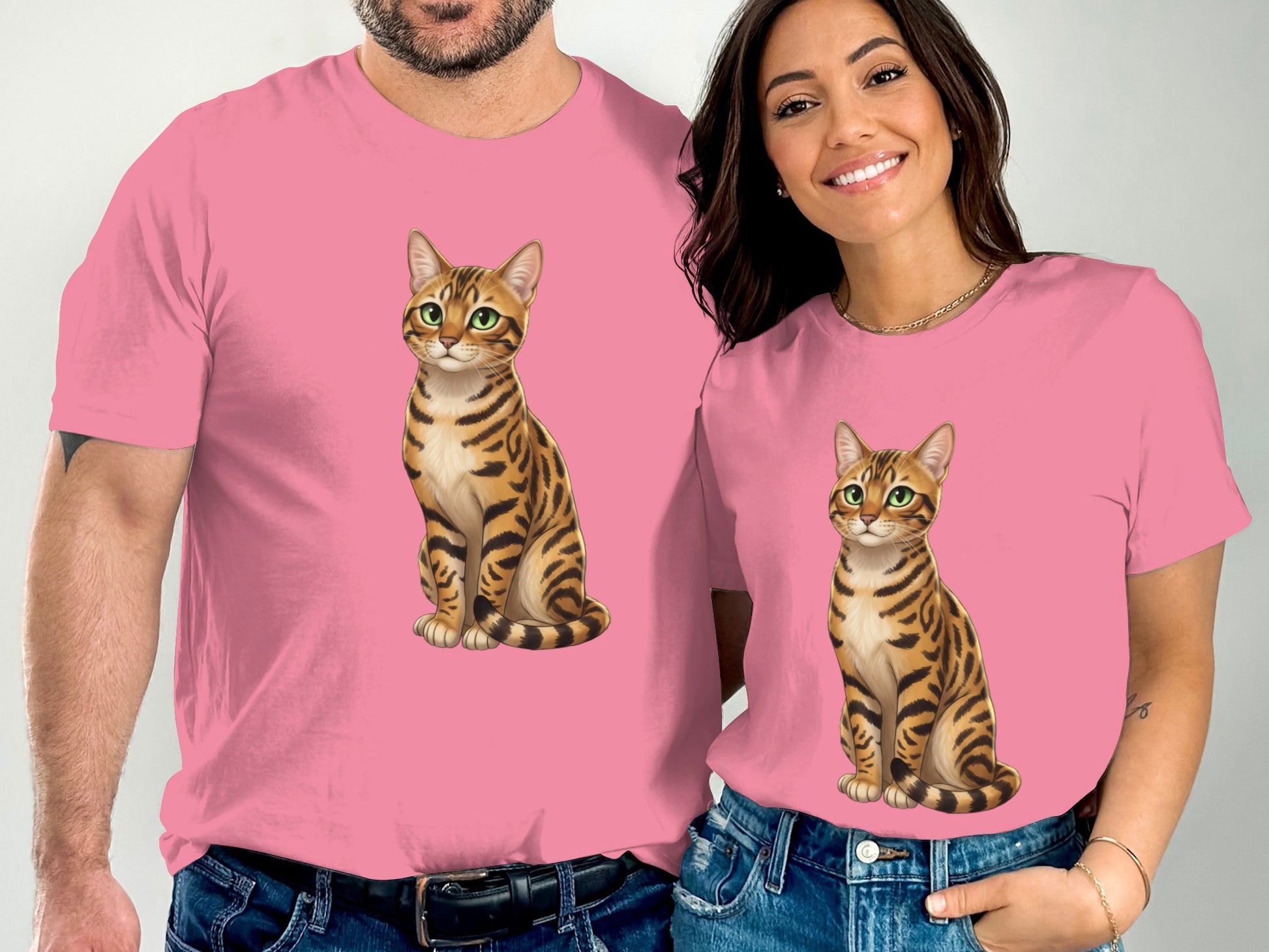 Matching Pink Cat Print Shirts for Couples