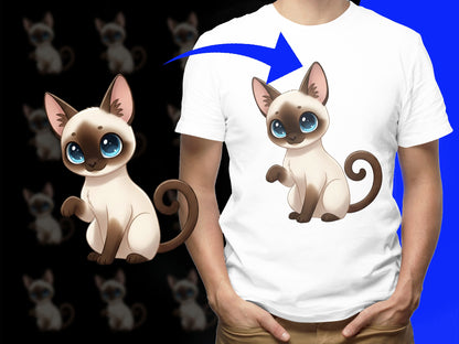 Cute Siamese Cat T-Shirt, Whimsical Cartoon Kitten Graphic Tee, Unisex Cotton Shirt for Cat Lovers, Ideal Casual Wear