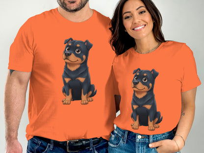 Cute Cartoon Rottweiler Design Orange Matching Shirt