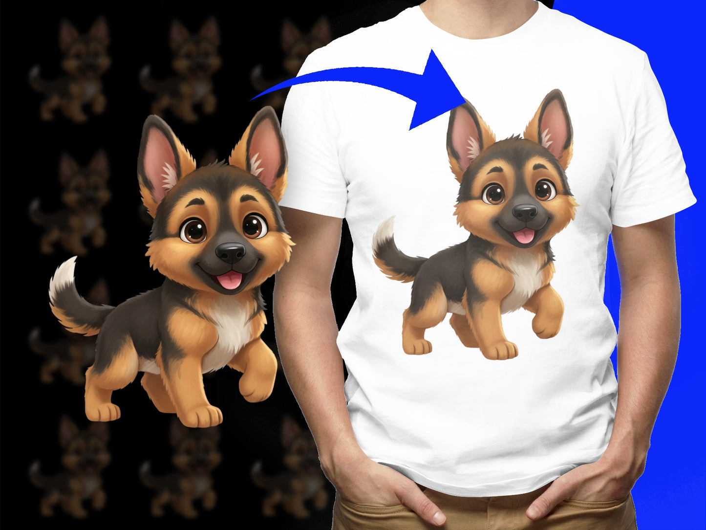 Cute German Shepherd Puppy Graphic T-Shirt, Cartoon Dog Design, Casual Wear for Dog Lovers, Unisex Cotton Tee