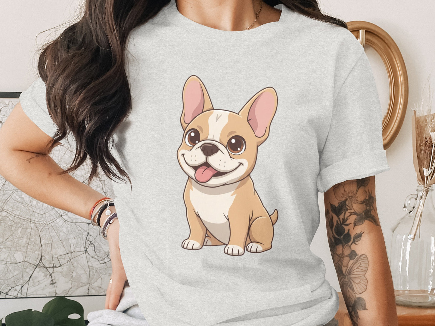 Cute Cartoon French Bulldog Graphic Print T-shirt
