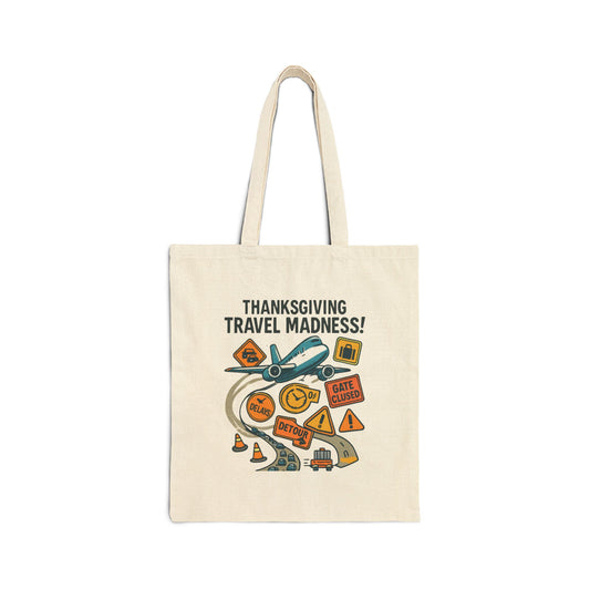 Thanksgiving Travel Madness Tote Bag — Holiday Travel Print Canvas Tote