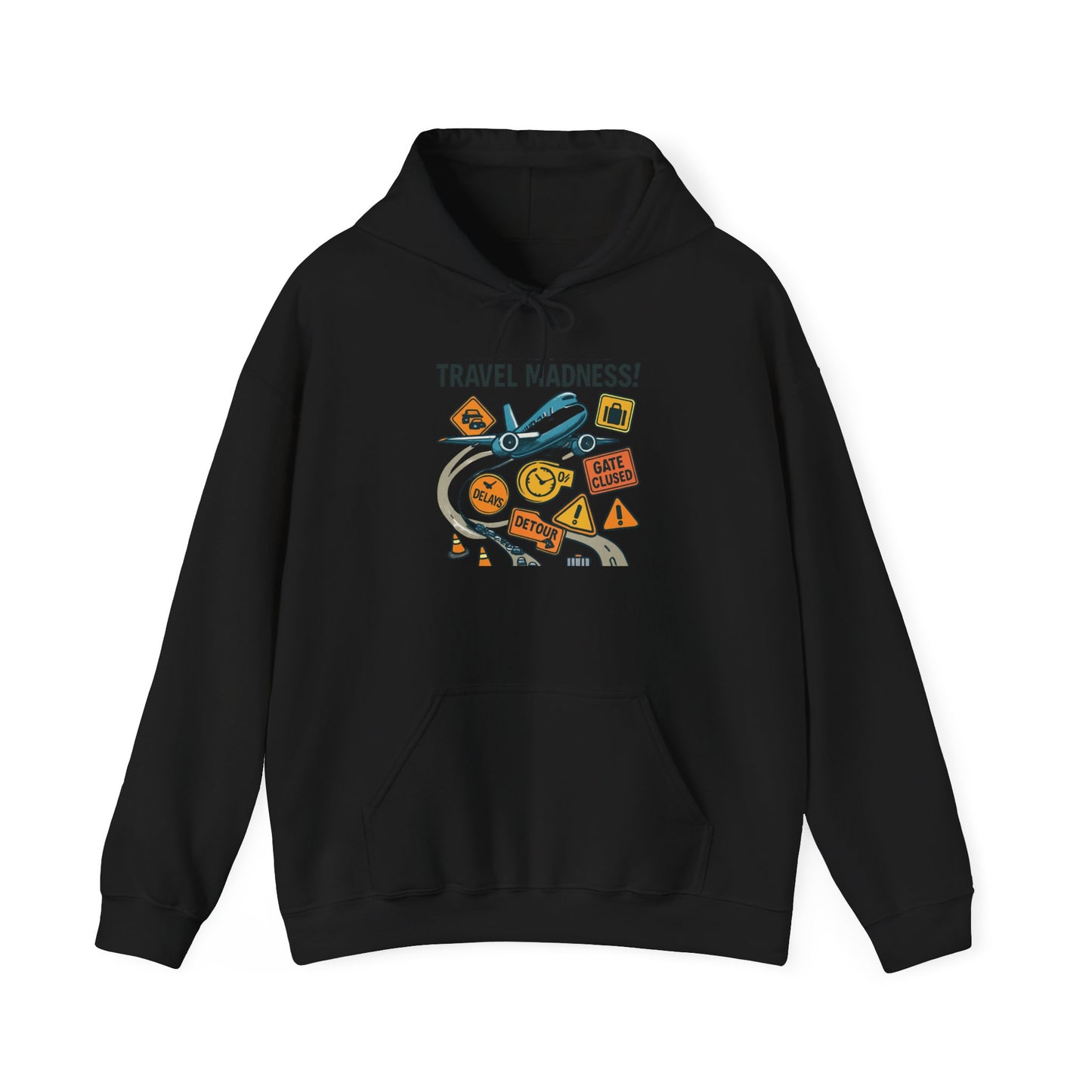 Travel Madness Hoodie — Graphic Travel Icons & Passport Stamps Sweatshirt