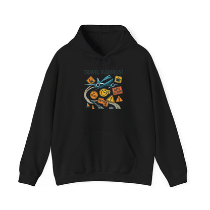 Travel Madness Hoodie — Graphic Travel Icons & Passport Stamps Sweatshirt