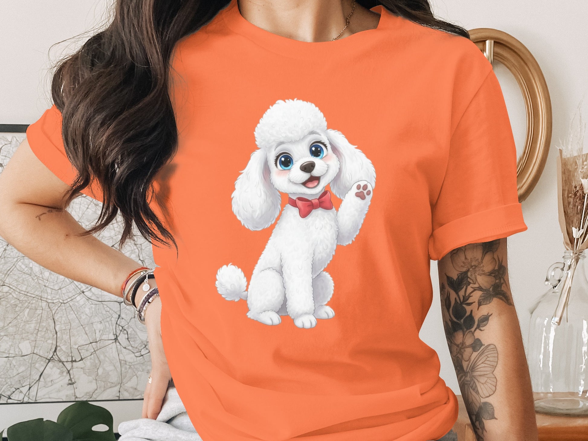 Cute Poodle Dog Graphic on Vibrant Orange Tee