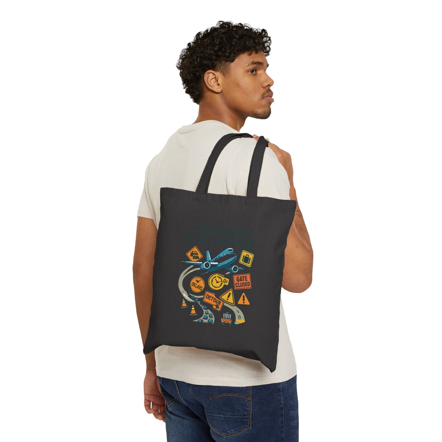Thanksgiving Travel Madness Tote Bag — Holiday Travel Print Canvas Tote