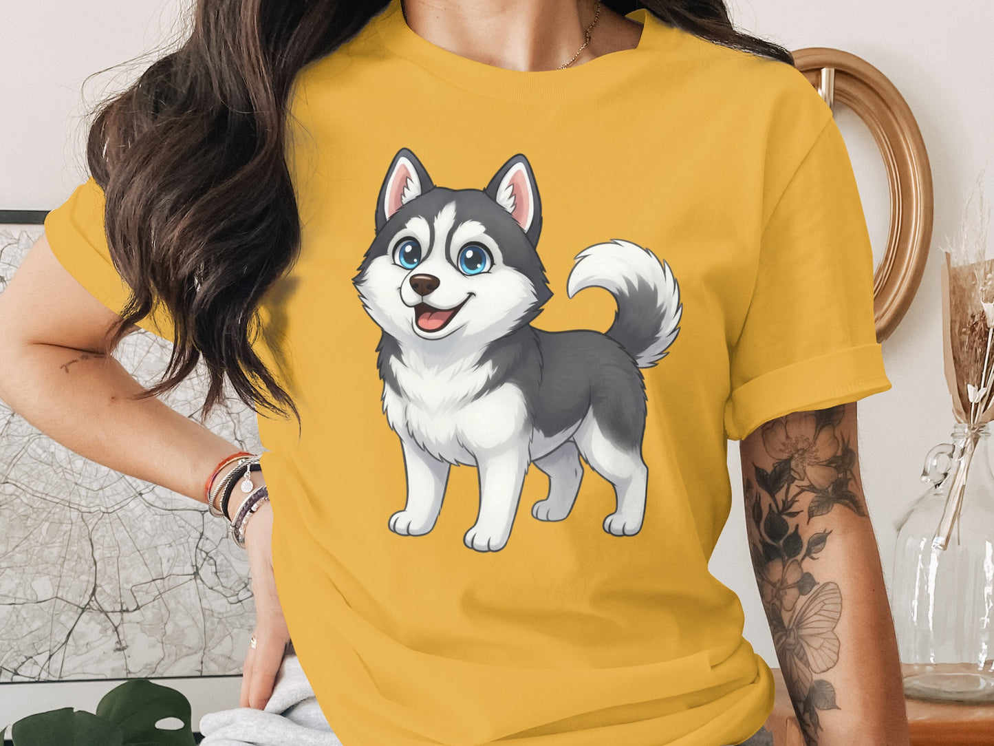 Adorable Husky Cartoon Print Casual Tee