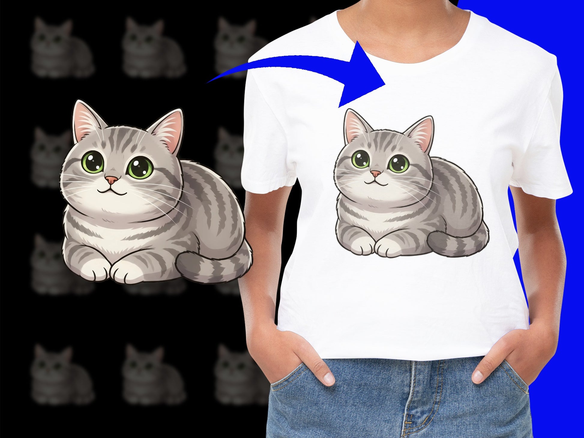 Cute Grey Tabby Cat T-Shirt, Women's Cartoon Cat Graphic Tee, Casual Feline Fashion Top