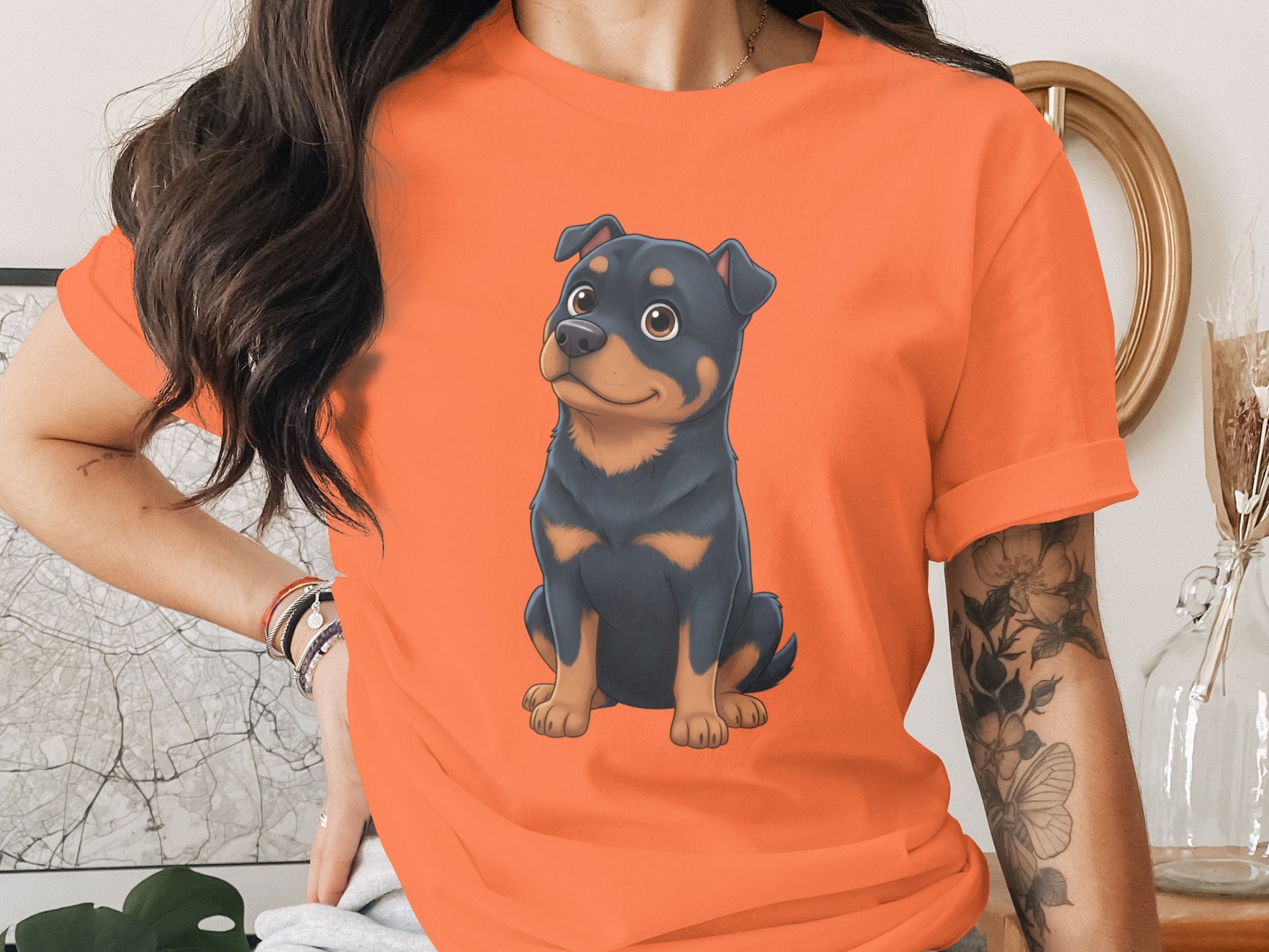 Cute Cartoon Rottweiler Design on Red Unisex Shirt