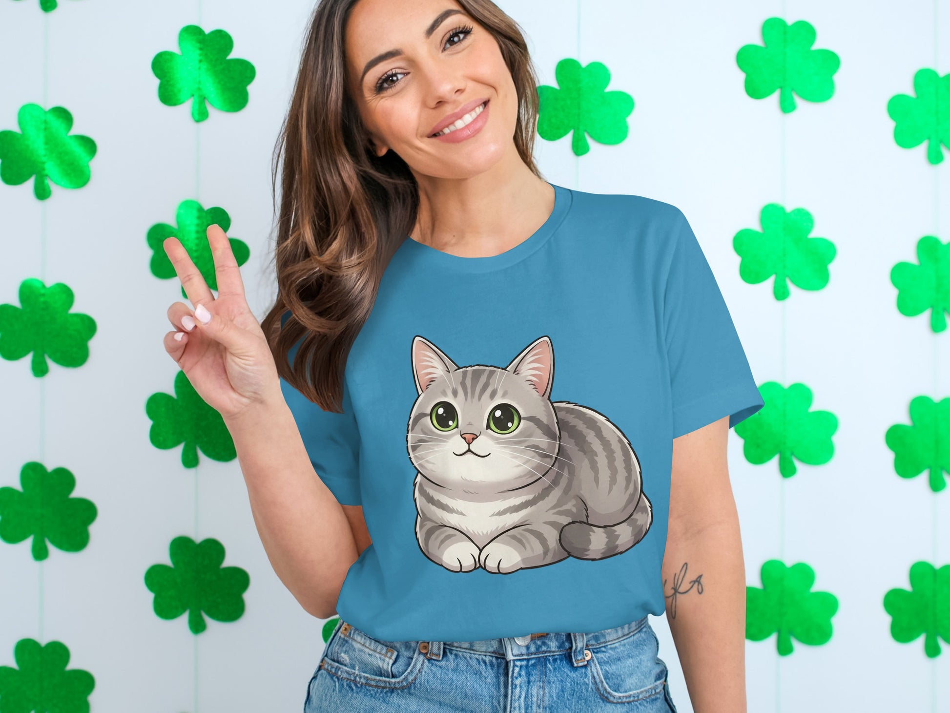 Cute Gray Cat Cartoon on Blue Shirt St. Patrick's Day