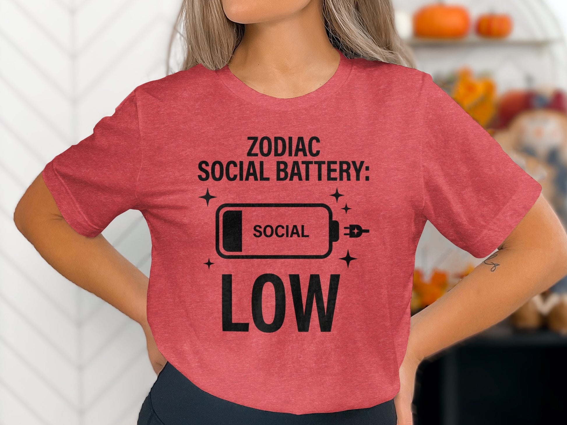 Zodiac Social Battery Low Print T-Shirt for Everyday Wear